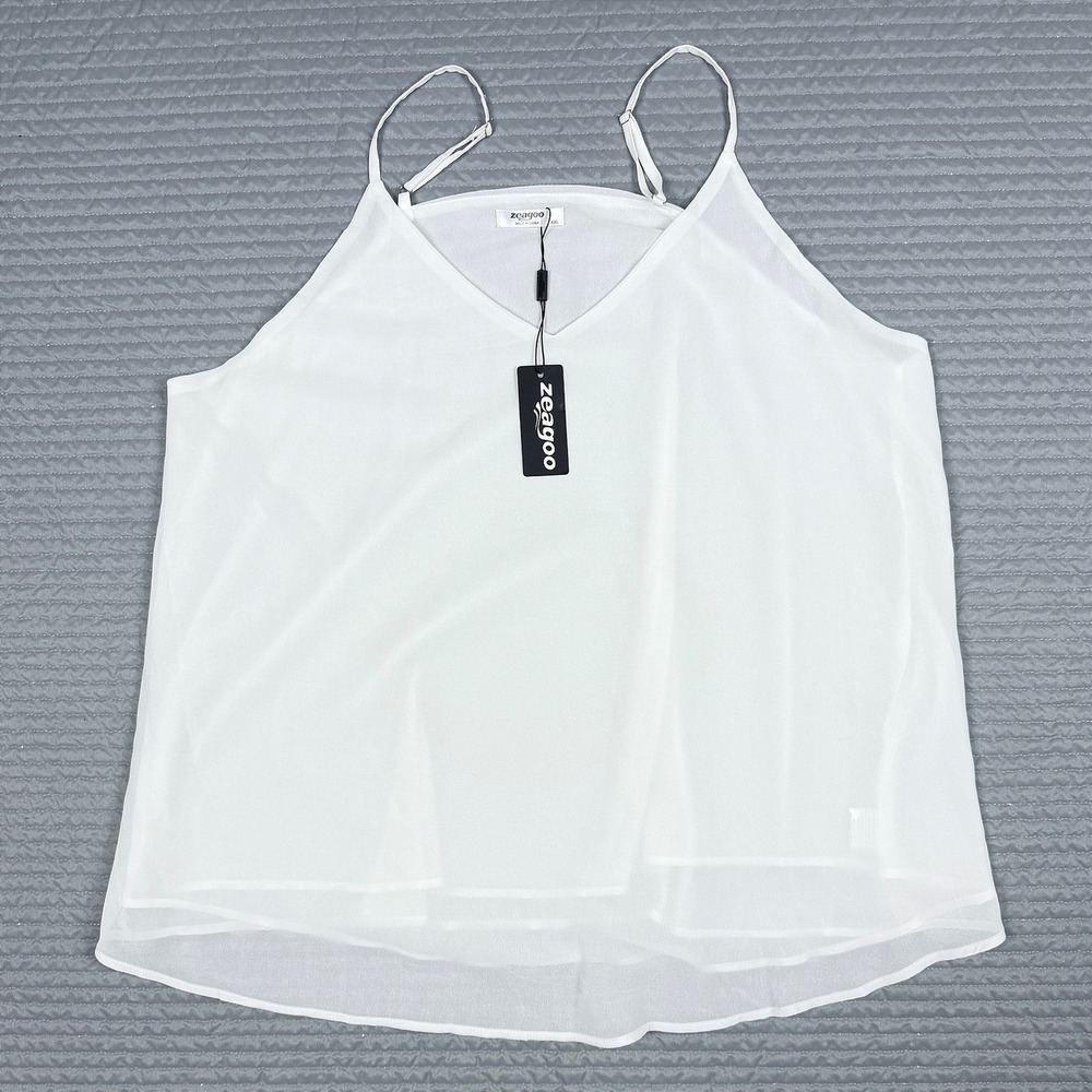 NWT Zeagoo White Chiffon V-Neck Camisole Adjustable Straps Layered Tank Top XXL